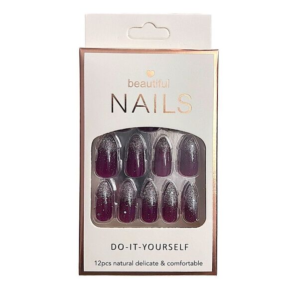 🤯5/$20🤯 Press On Nails Red Dark Nail With Silver Glitter Almond Shape NWT - Picture 1 of 2